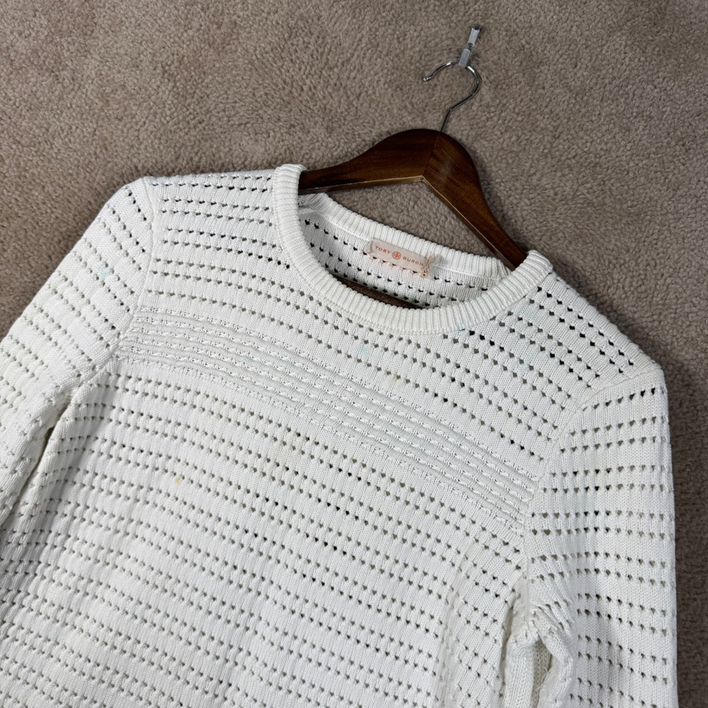Tory Burch Sweater Womens Medium White Pointelle Open Knit Crewneck Long Sleeve
